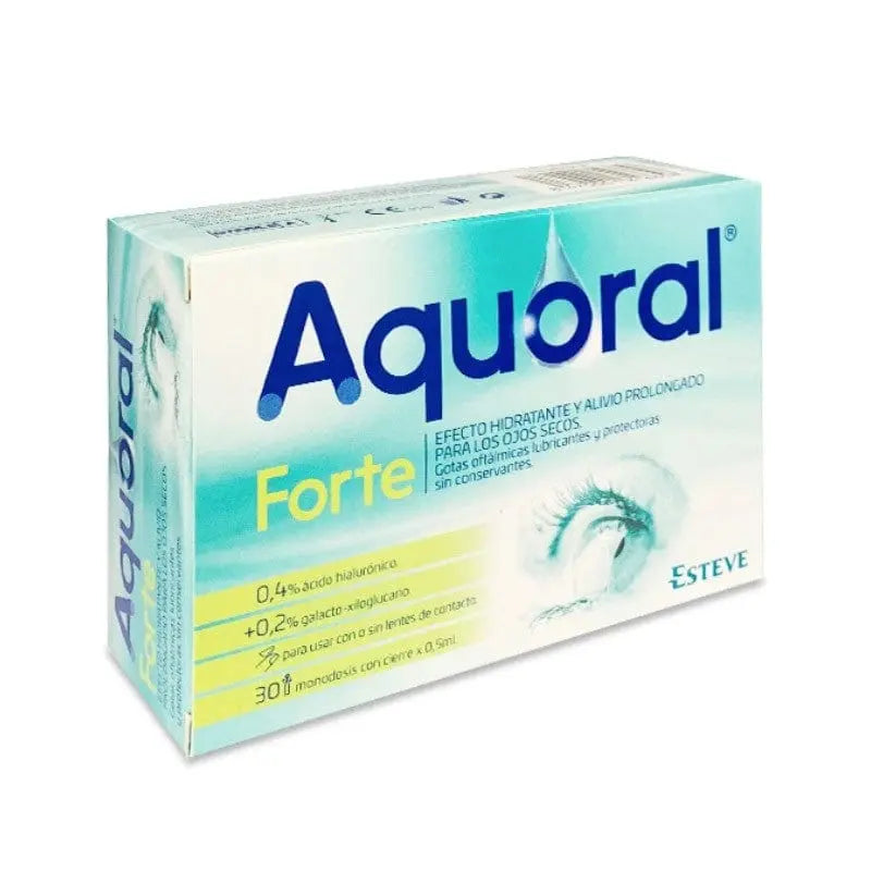 Esteve Aquoral Forte eye drops with hyaluronic acid in a single-dose package, designed to soothe and hydrate dry eyes.