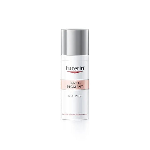 Eucerin Anti Pigment Day Cream SPF30 in 50ml jar, featuring smooth cream texture for skincare and sun protection.