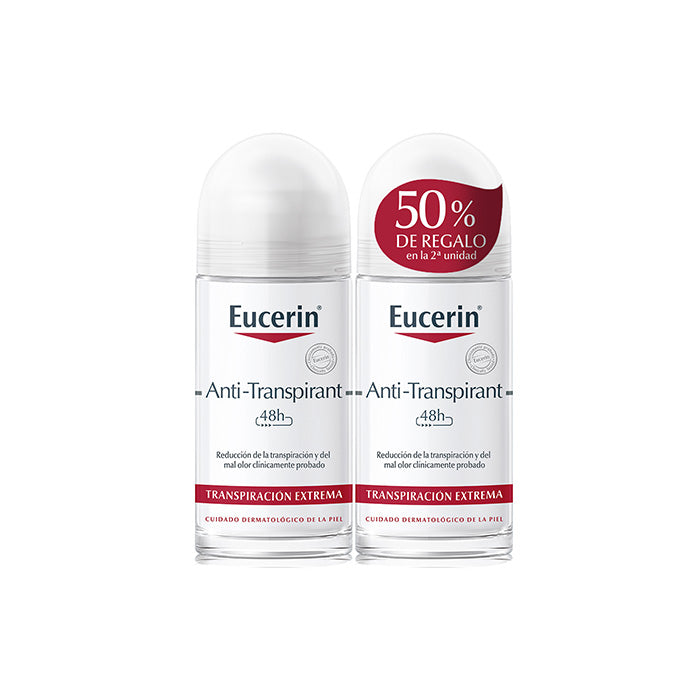 Eucerin Anti-Transpirant Deodorant Roll-On 2x50ml bottles, natural skin protection, in transparent packaging with white caps.