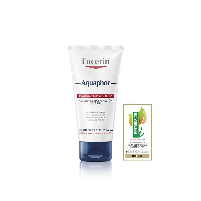 Eucerin Aquaphor Reparative Ointment 45g jar with blue lid and label, displayed on a plain background.