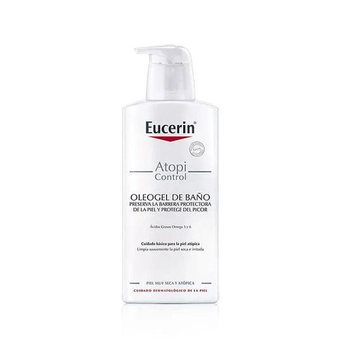 Eucerin Atopicontrol Oleogel Bath and Shower Oil in 400ml bottle, suitable for sensitive skin, with a clear label and pump dispenser.