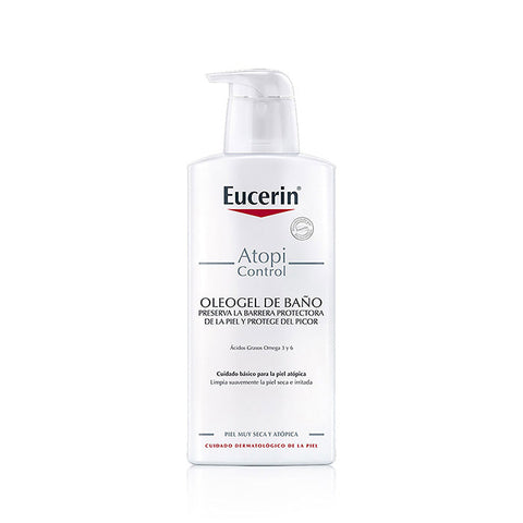 Eucerin Atopicontrol Oleogel Bath and Shower Oil in a 400ml bottle, designed for sensitive, atopic skin care.