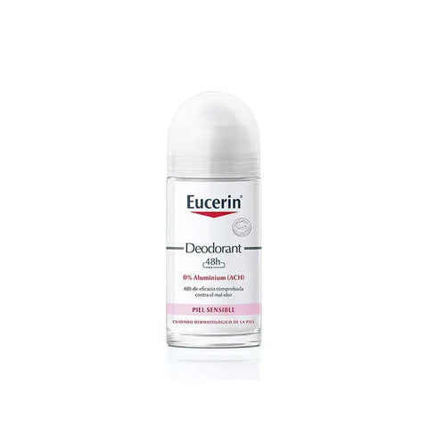 Eucerin deodorant roll-on for sensitive skin with 0% aluminium in 50ml bottle, featuring a clear applicator and white cap.