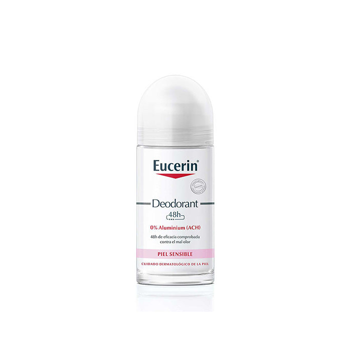 Eucerin deodorant roll-on for sensitive skin with 0% aluminium, 50ml bottle, shown with the product label and applicator.