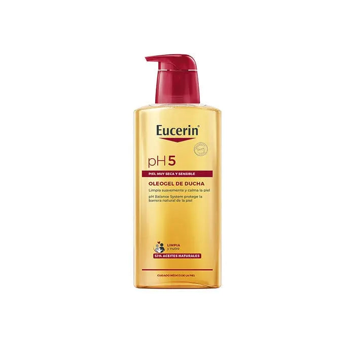 Eucerin pH 5 Skin-Protection Shower Oil in 400ml bottle, designed for gentle, nourishing skin care with a clear label and pump dispenser.