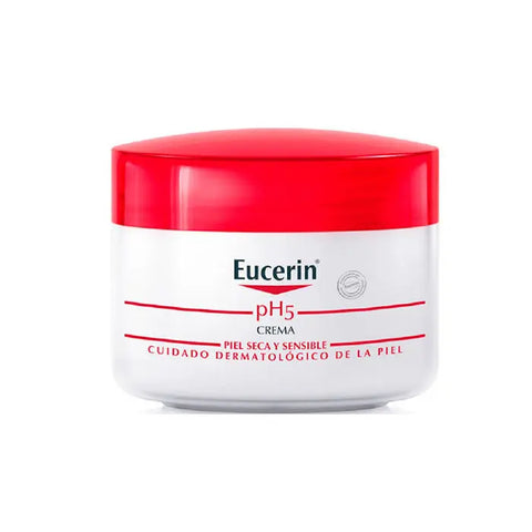 Eucerin Ph5 cream for sensitive and dry skin in a 100ml jar, shown with the product label and packaging.