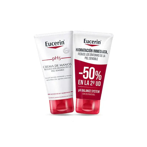 Eucerin pH5 Hand Cream duo 2x75ml bottles with nourishing formula, displayed on a neutral background.