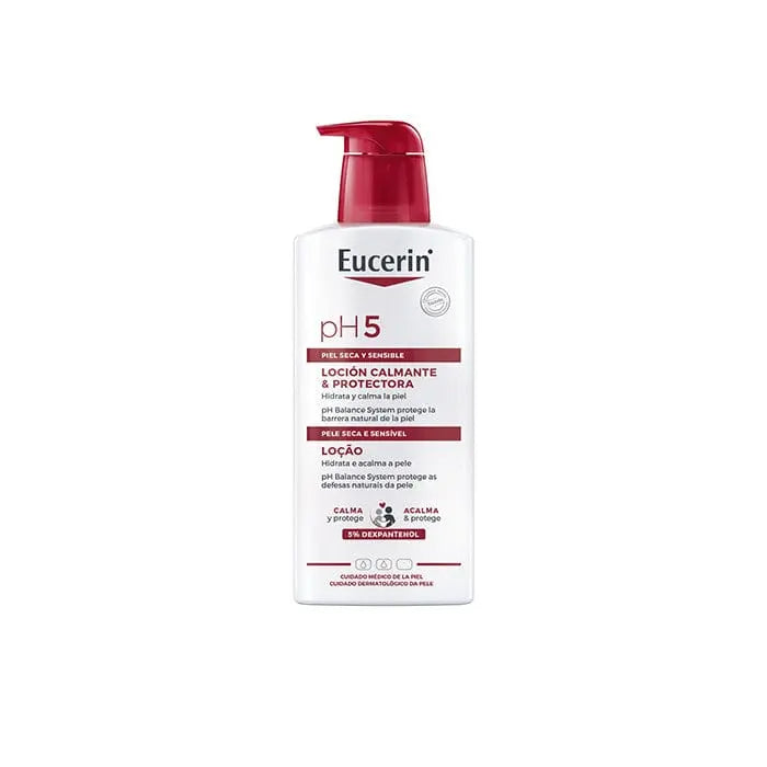 Eucerin Ph5 lotion for sensitive skin in 400ml bottle, with a clean, minimalist design, showcasing the skincare product.