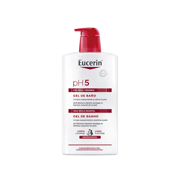 Eucerin Ph5 Shower Gel in 1000ml bottle, designed for gentle cleansing, with a clean, clear appearance and label.