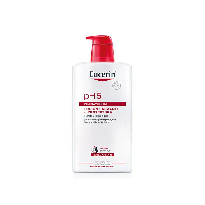 Eucerin pH5 Skin Protection Body Lotion 1000ml bottle, featuring a white pump dispenser and clean label design.