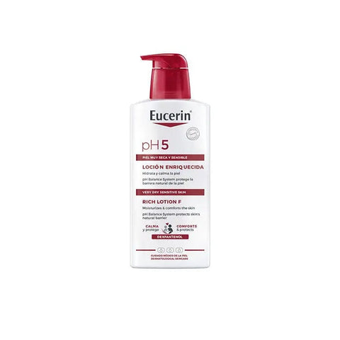 Eucerin Ph5 Skin Protection Lotion F for dry skin in a 400ml bottle, with a white and blue label and pump dispenser.