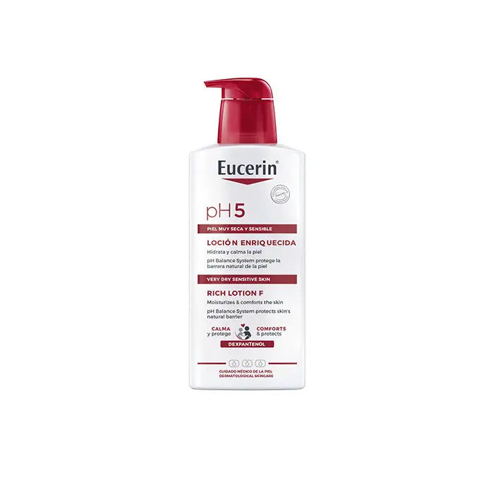 Eucerin Ph5 Skin Protection Lotion F for dry skin in a 400ml bottle, with a focus on hydration and skin care from Jag Couture London.