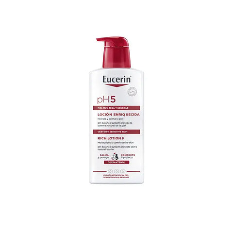 Eucerin Ph5 Skin Protection Lotion F for dry skin in a 400ml bottle, with a focus on hydration and skin care from Jag Couture London.