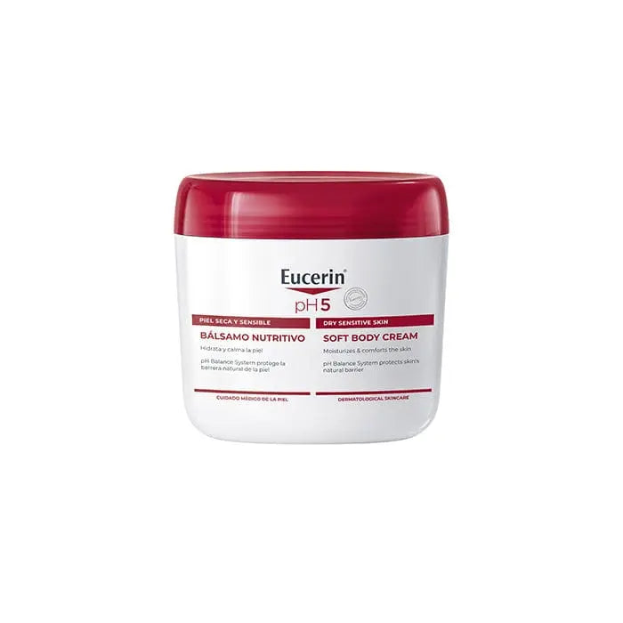 Eucerin Ph5 Skin-Protection Nutritive Balm 450ml in jar with white lid, smooth balm surface, on a neutral background.