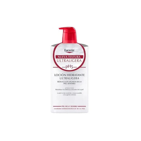 Eucerin Ph5 Ultra Light Lotion 1000ml in a clear bottle, shown with smooth, lightweight moisturizer on a plain background.