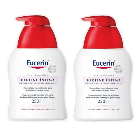 Eucerin Intimate Hygiene Wash Protection Fluid set with two 250ml bottles, designed for gentle personal care, by Jag Couture London New York.