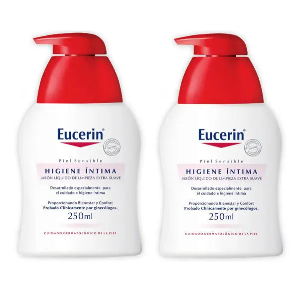 Eucerin Intimate Hygiene Wash Protection Fluid set with two 250ml bottles by Jag Couture London New York, gentle daily cleanser for sensitive skin.