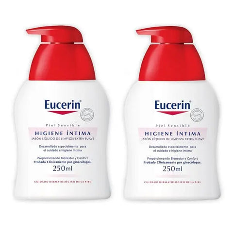 Eucerin Intimate Hygiene Wash Protection Fluid set with 2 x 250ml bottles, designed for gentle personal care.