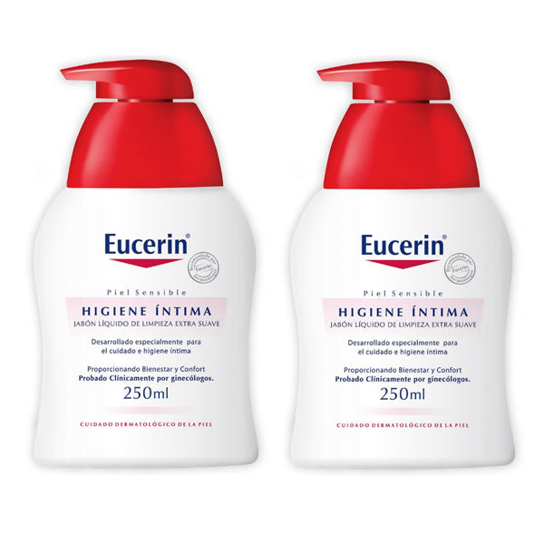 Eucerin intimate hygiene wash protection fluid set with two 250ml bottles, skincare for sensitive areas, by Jag Couture London.