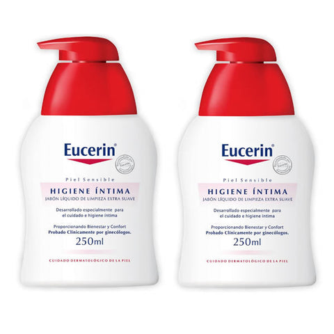 Eucerin intimate hygiene wash protection fluid set with two 250ml bottles, skincare for sensitive areas, by Jag Couture London.