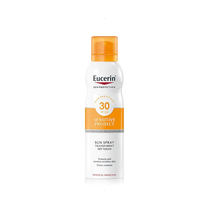 Eucerin Solar Toque Seco SPF30 spray bottle, 200ml, skincare product by Jag Couture London - New York, outdoors application.