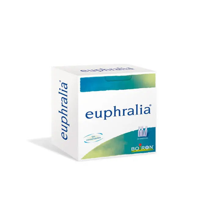 Euphralia Eye Drops by Boiron in 20 single-dose vials, displayed with packaging, used for soothing and refreshing eyes.