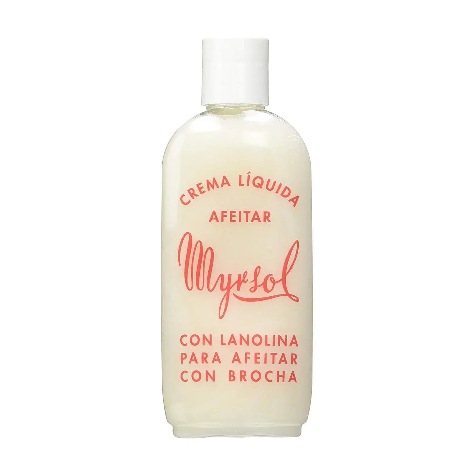 Eurostil Myrsol liquid shaving cream with lanolin in 200ml bottle, shown in a sleek container with a pump dispenser.