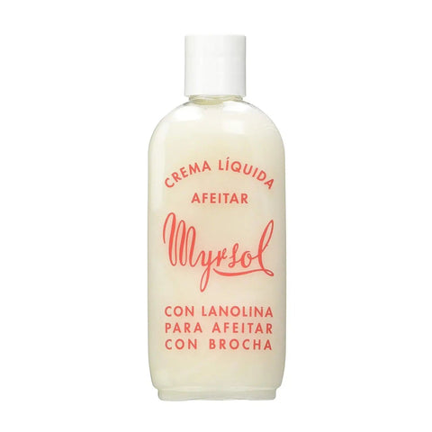 Eurostil Myrsol liquid shaving cream with lanolin in 200ml bottle, shown in a sleek container with a pump dispenser.