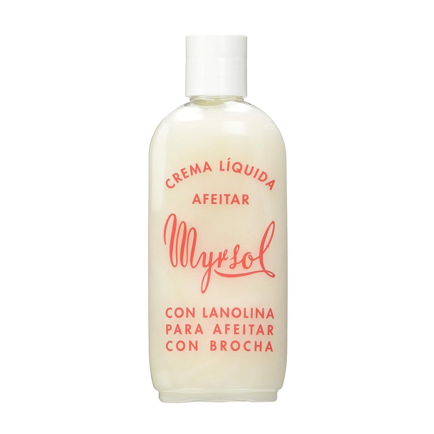 Eurostil Myrsol Crema Liquida Afeitar con lanolina, 200ml, in a white tube with black cap, shown on a plain background.