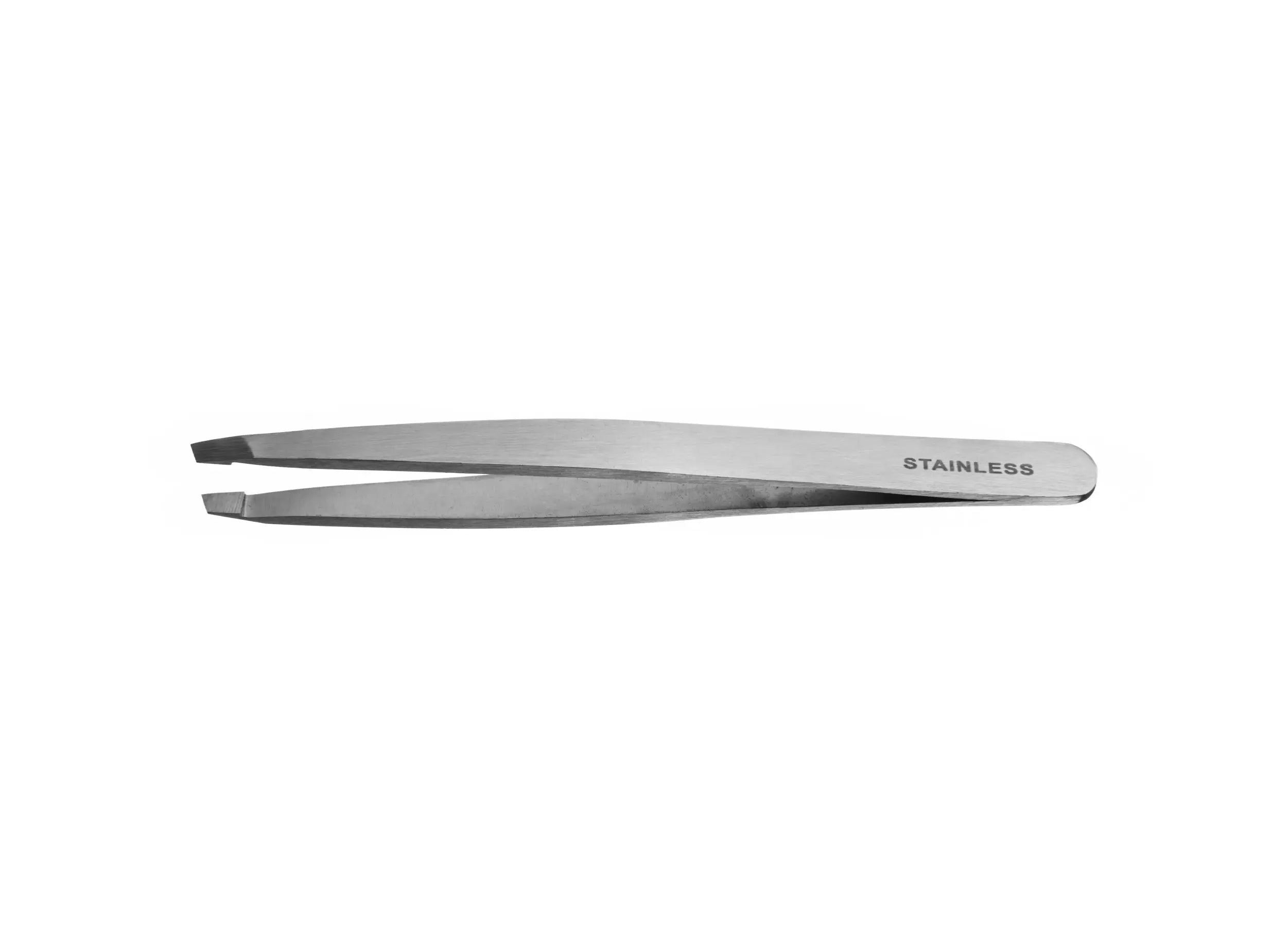 Stainless steel Eurostil slant tip tweezers measuring 9.5 cm, used for precise hair removal, by Jag Couture London New York.
