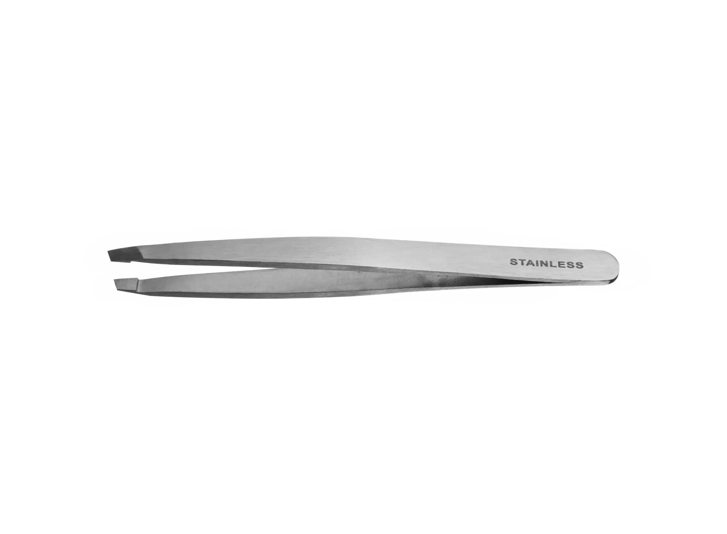 Steel tweezers with angled tip, 9.5 cm, from Eurostil by Jag Couture London New York, ideal for precise hair removal.