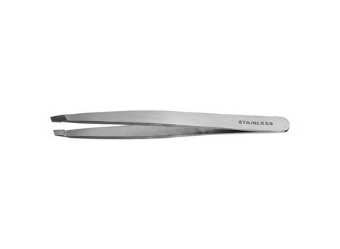 Steel tweezers with angled tip, 9.5 cm, from Eurostil by Jag Couture London New York, ideal for precise hair removal.