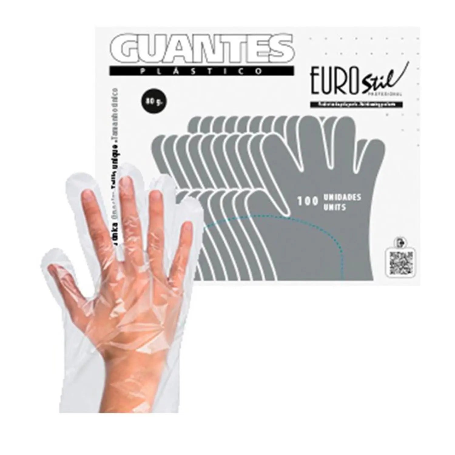 Box of 100 disposable Eurostil plastic gloves from Jag Couture London New York, showing clear, lightweight gloves in a box.