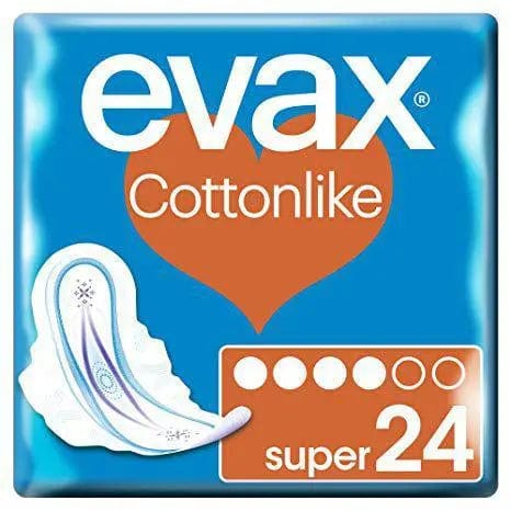 Evax Cottonlike Super Absorbent Pads with wings, 24-count, from Jag Couture London New York, showing soft, breathable fabric and wing design.