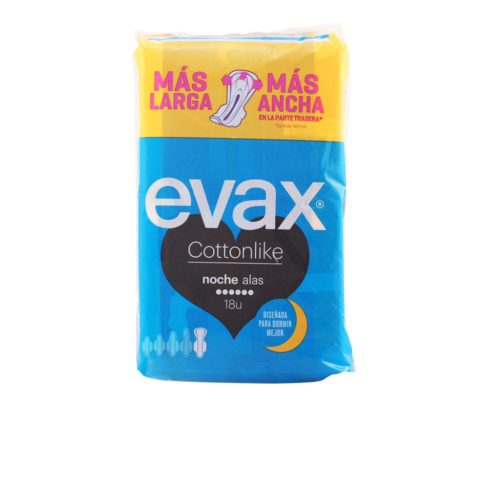 Evax Cottonlike Night with Wings sanitary towels in a pack of 18, designed for overnight protection, by Jag Couture London New York.