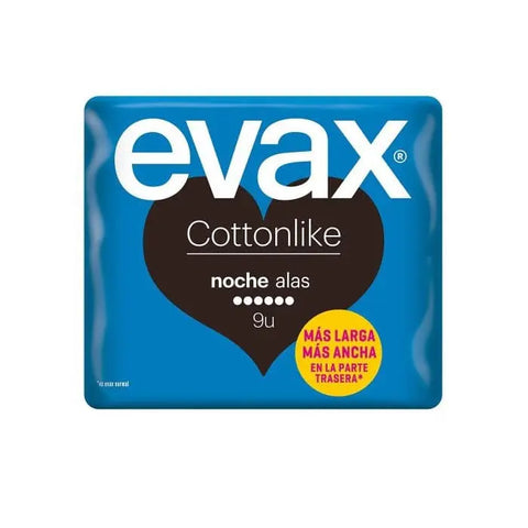 Evax Cottonlike Night with Wings sanitary towels, 9 units, soft cotton-like material, designed for overnight protection.