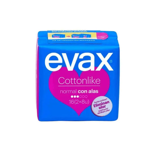 Evax Cottonlike Normal with Wings sanitary pads in a pack of 16, featuring breathable cotton-like material and wings for secure fit.