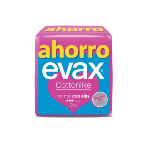 Evax Cottonlike Normal with Wings sanitary pads, 16 units, featuring breathable cotton-like material and winged design for comfort.