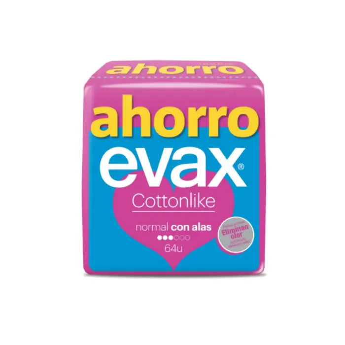 Evax Cottonlike Normal with Wings sanitary pads, 16 units, featuring soft cotton-like material and winged design for comfort and protection.