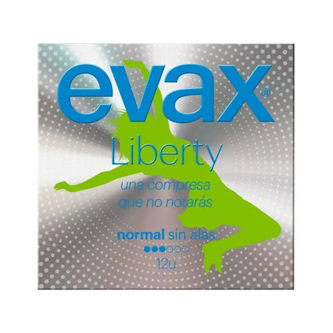 Evax Liberty Normal Sanitary Towels by Jag Couture London - New York, 12 units, showing packaging with sanitary towel products inside.