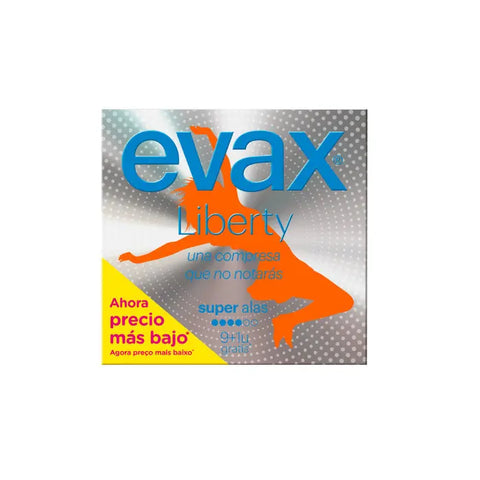 Evax Liberty Super with Wings sanitary towels, 9 plus 1 units, shown in packaging with blue and white design, by Jag Couture London New York.