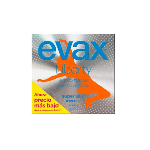 Evax Liberty Super with Wings sanitary towels, 9+1 pack, featuring absorbent design and winged for secure fit, by Jag Couture London New York