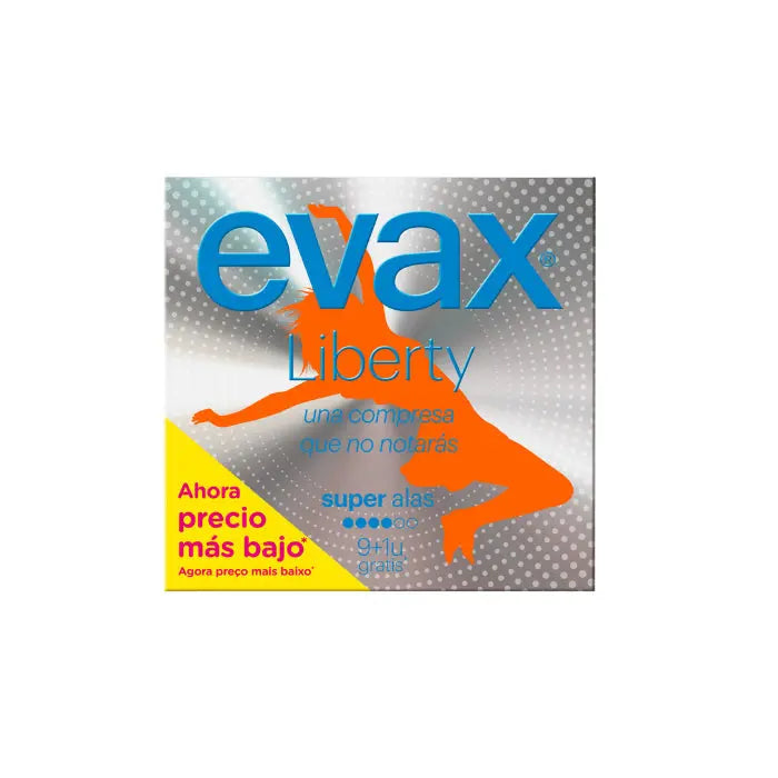 Evax Liberty Super with Wings sanitary towels, 9+1 pack, by Jag Couture London - New York, showing the product packaging and towels