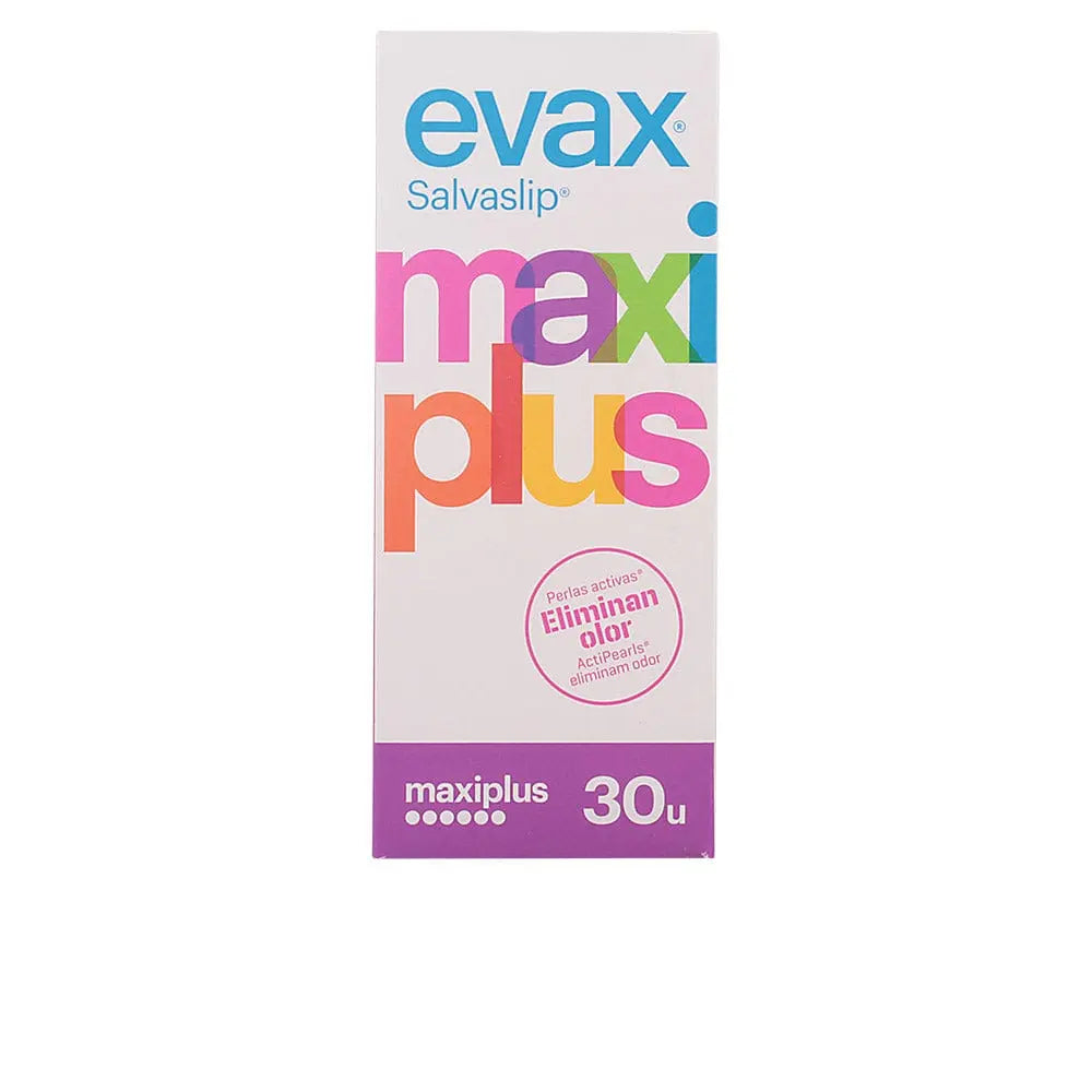 Box of Evax Maxiplus pantyliners with 30 units from Jag Couture London and New York, showing the packaging and product details.