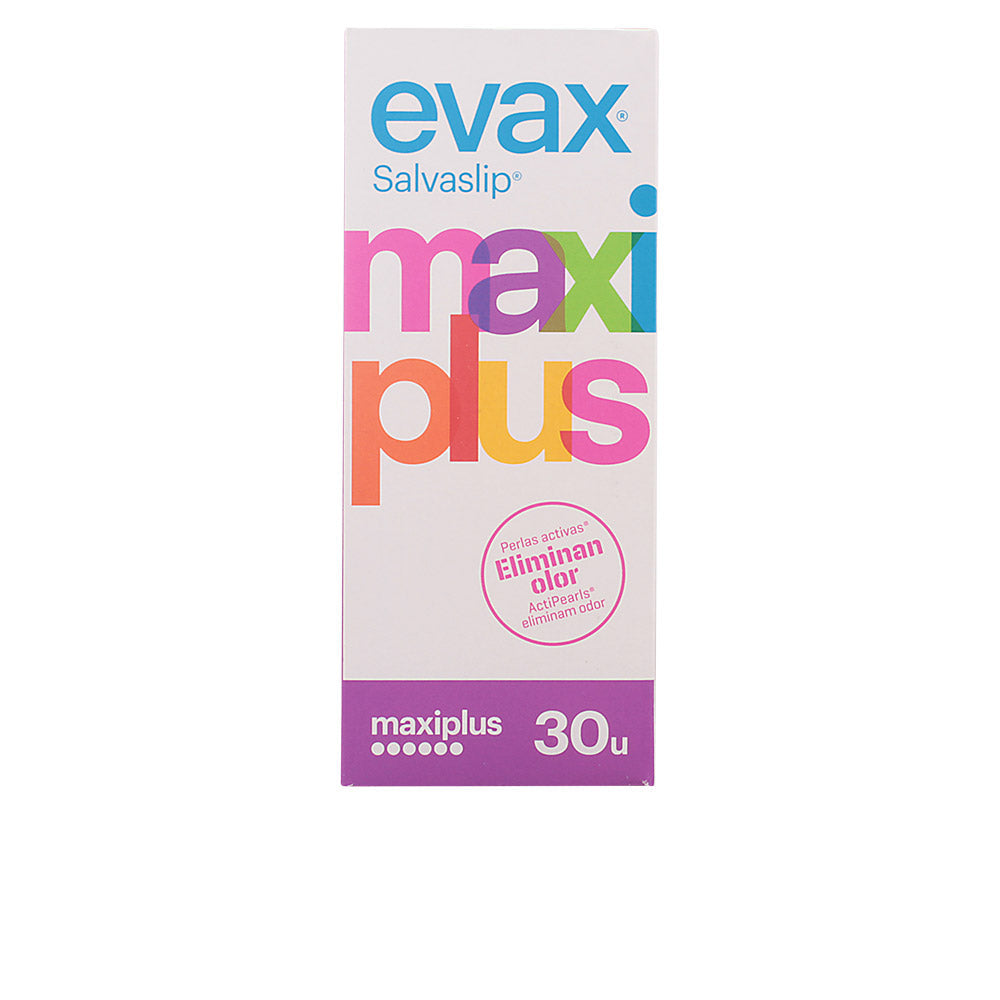 Pack of Evax Maxiplus pantyliners by Jag Couture London with 30 units, showing individual pantyliner packaging.