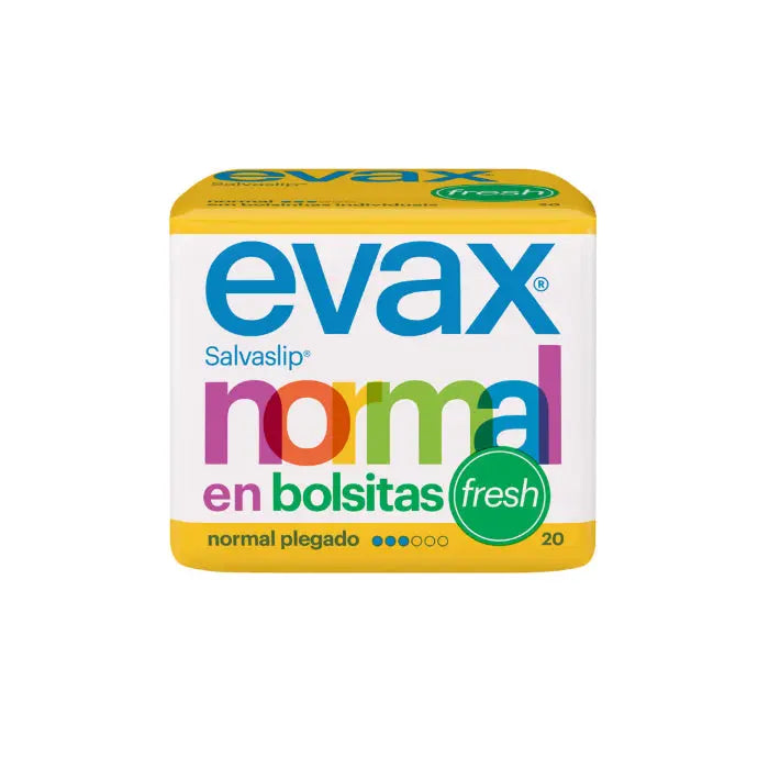 Evax normal fresh pantyliners in small bags, 20 units, by Jag Couture London New York, shown in a compact package.