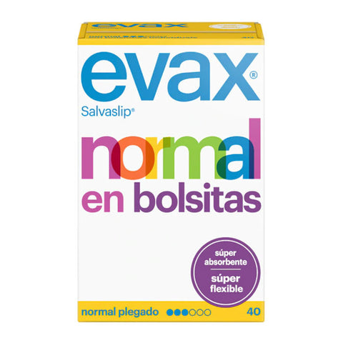 Evax Normal Fresh pantyliners in small bags, 40-pack, by Jag Couture London New York, showing individual pantyliners and packaging.