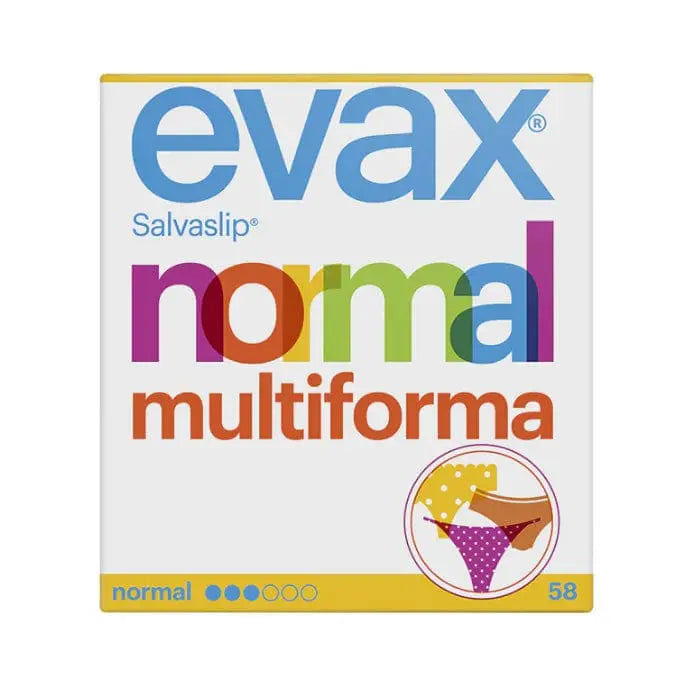 Evax Salvaslip Normal Multiform Protegeslips in a box, designed for feminine hygiene, with 58 units from Jag Couture London New York.