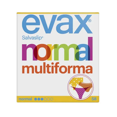 Evax Salvaslip Normal Multiform Protegeslips in a pack of 58, designed for daily feminine hygiene, with discreet, absorbent protection.