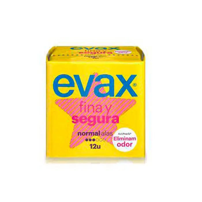 Evax Thin Safe Pads with wings, normal absorbency, 12-pack, by Jag Couture London New York, shown in the product image.